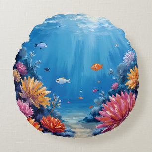 Coral Reef Under the Sea Ocean Painting Round Pillow