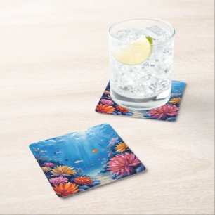 Coral Reef Under the Sea Ocean Painting Square Paper Coaster