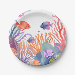 Coral Reef Watercolor Colorful Fish Ocean Paper Plates