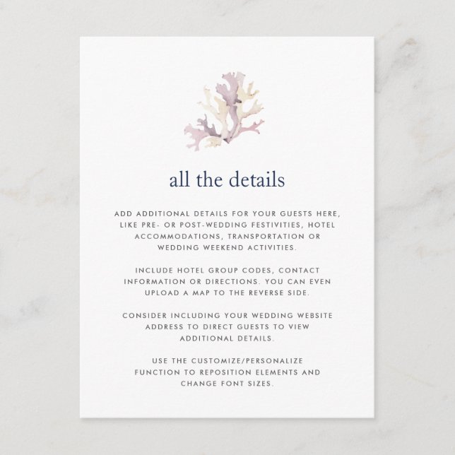 Coral Reef Wedding Guest Details Card (Front)