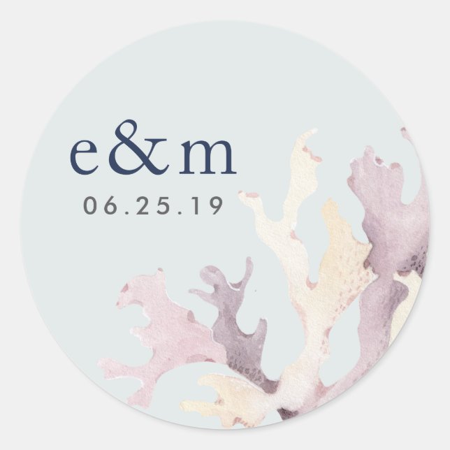 Coral Reef Wedding Monogram Classic Round Sticker (Front)