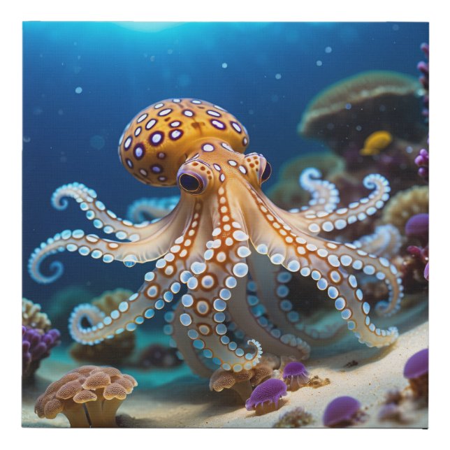 Coral Reef with Blue & Orange Octopus Faux Canvas Print (Front)