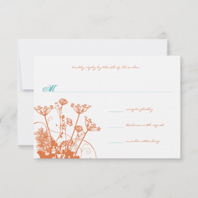 Coral Rose and Turquoise Wildflowers Wedding RSVP (Front)