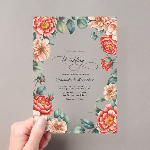 Coral Rose, Apricot Blush, and Soft Mint Wedding Acrylic Invitations