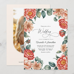 Coral Rose, Apricot Blush, and Soft Mint Wedding Invitation
