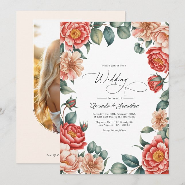 Coral Rose, Apricot Blush, and Soft Mint Wedding Invitation (Front/Back)