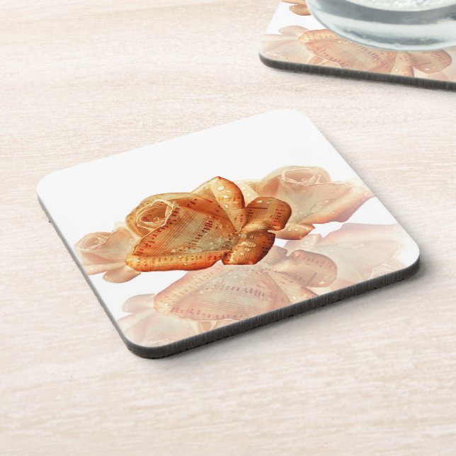 Coral Rose Blossom with Sheet Music Beverage Coaster (Left Side)