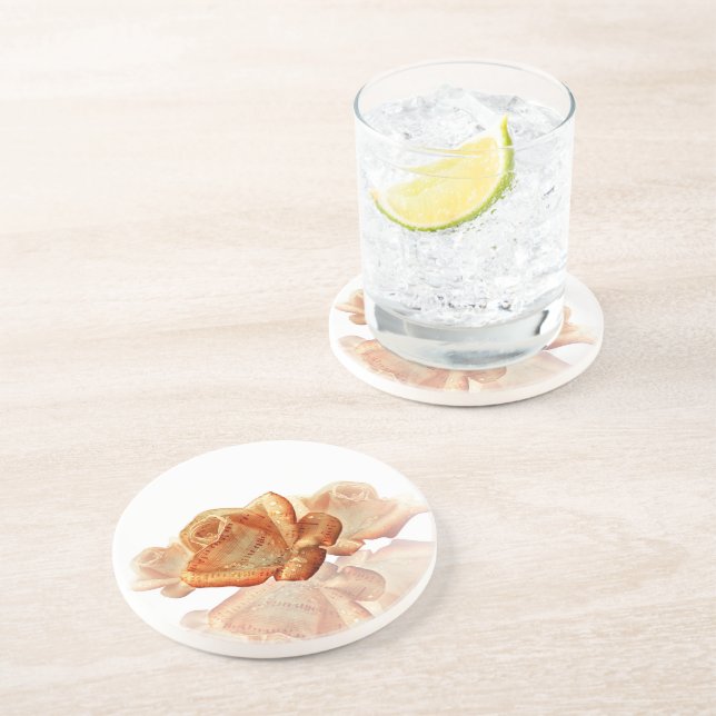 Coral Rose Blossom with Sheet Music Sandstone Coaster (Side)