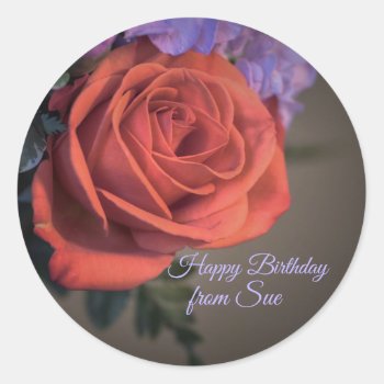 Coral Rose Custom Name Birthday Stickers by Siberianmom at Zazzle