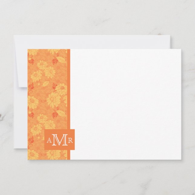 Coral Rose Damask Monogram Flat Card 4.5 x 6.2 (Front)