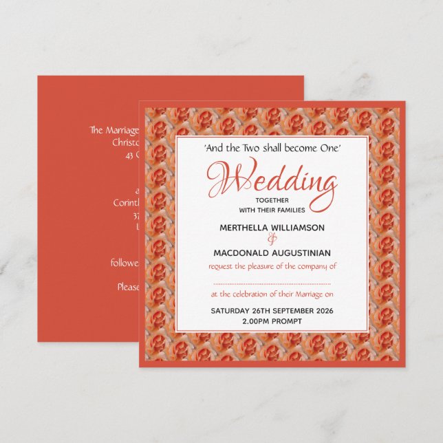 CORAL ROSE Floral Custom Square Wedding Invitation (Front/Back)