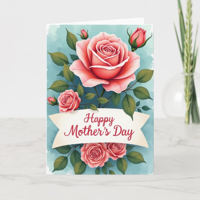 Coral Rose Floral Mothers Card (Front)