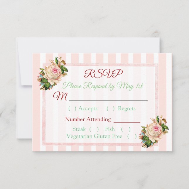 Coral Rose Floral Striped  Wedding RSVP card (Front)