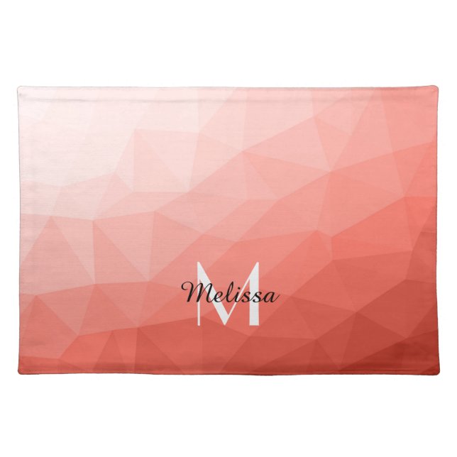 Coral rose geometric mesh ombre pattern Monogram Cloth Placemat (Front)