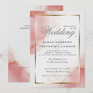 Coral Rose Gold Abstract Marbled Watercolor  Invitation