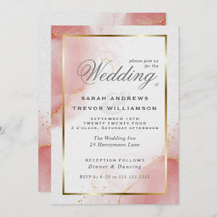 Coral Rose Gold Abstract Marbled Watercolor  Invitation