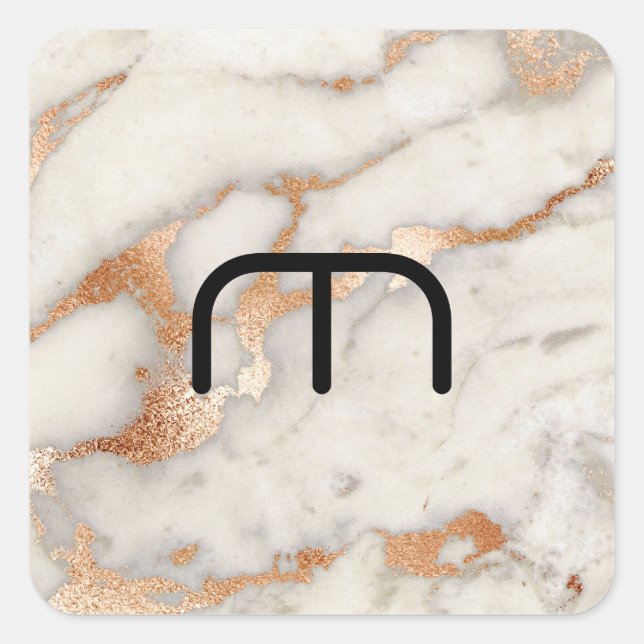 Coral Rose Gold Blush Gray Copper Marble Monogram Square Sticker (Front)