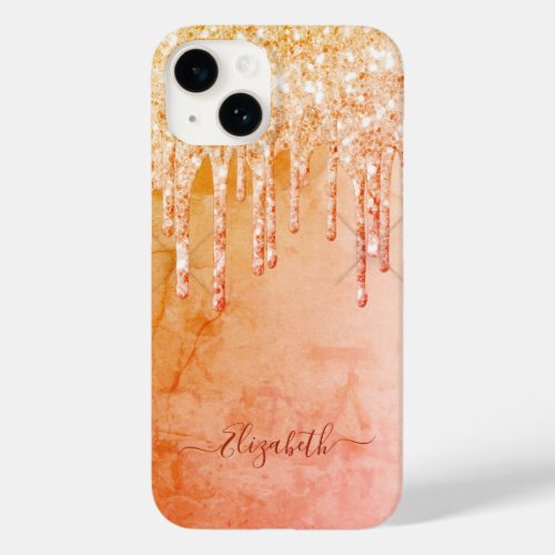 Coral rose gold glitter drips rustic girly Case_Mate iPhone 14 case