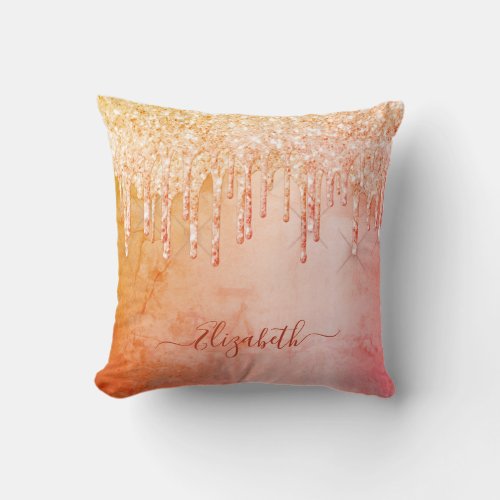 Coral rose gold glitter drips rustic glam name throw pillow