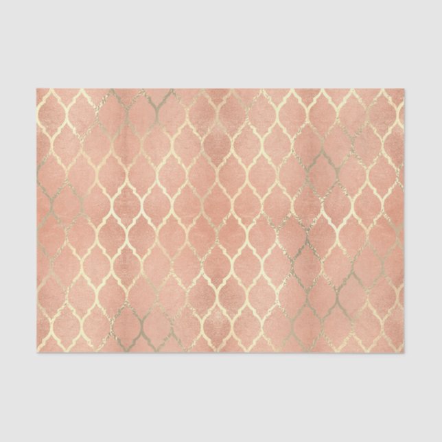 Coral Rose Gold Metallic Blush Peach Quatrefoil Tissue Paper (Front)