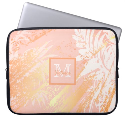 Coral rose gold palm tree leaves monogram laptop sleeve