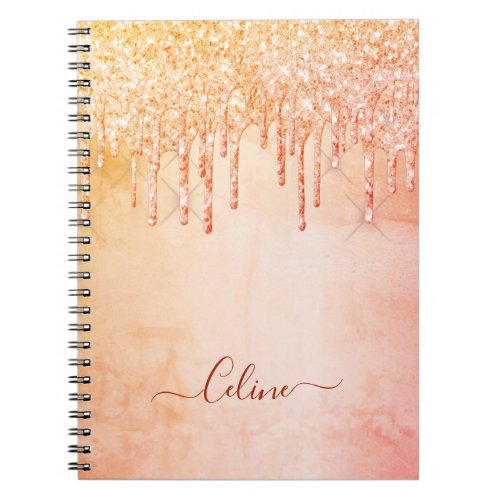 Coral rose gold pink glitter drips glam name notebook