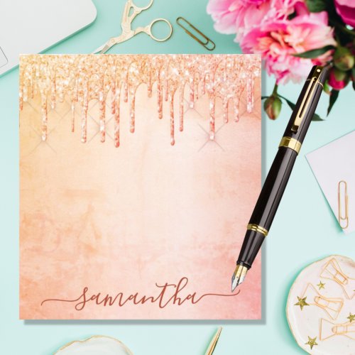 Coral rose gold pink glitter marble glam monogram notepad
