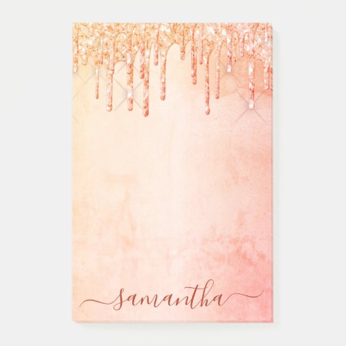 Coral rose gold pink glitter marble glam monogram post_it notes