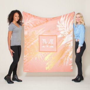 Coral rose gold tropical palm tree leaves fleece blanket