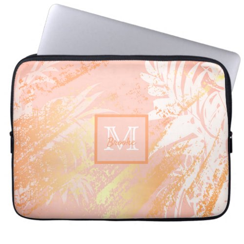 Coral rose gold tropical palm tree leaves monogram laptop sleeve