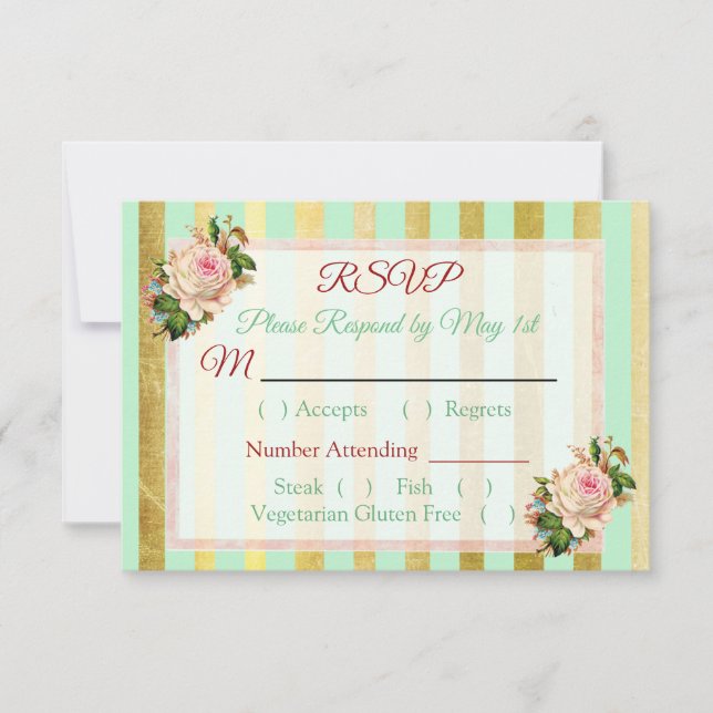 Coral Rose Green Floral Striped  Wedding RSVP card (Front)