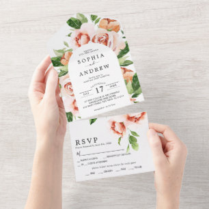 Coral Rose & Greenery Leaves Wedding All In One Invitation