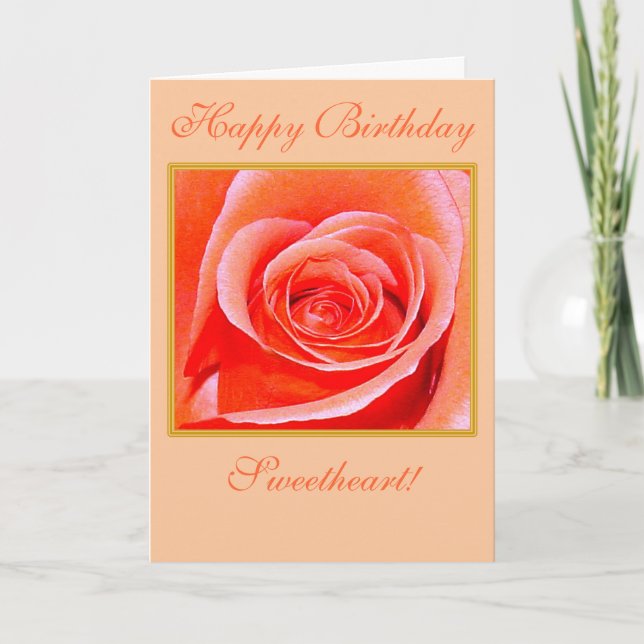 Coral Rose in Bloom Happy Birthday Card (Front)