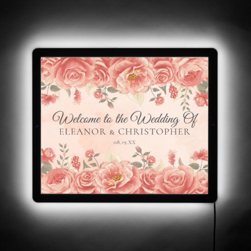 Coral Rose Peach Watercolor Welcome to Our Wedding LED Sign
