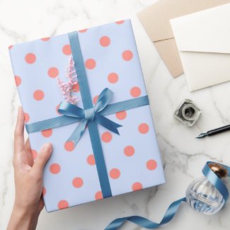 Coral Rose Pink Polka Dots on Pastel Blue Wrapping Paper