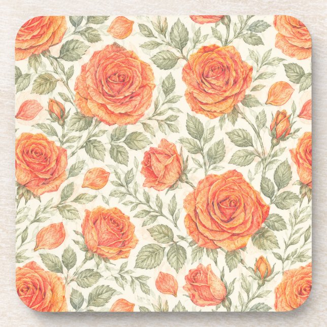 Coral Rose & Sage Garden Pattern Beverage Coaster (Front)