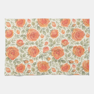 Coral Rose & Sage Garden Pattern Kitchen Towel