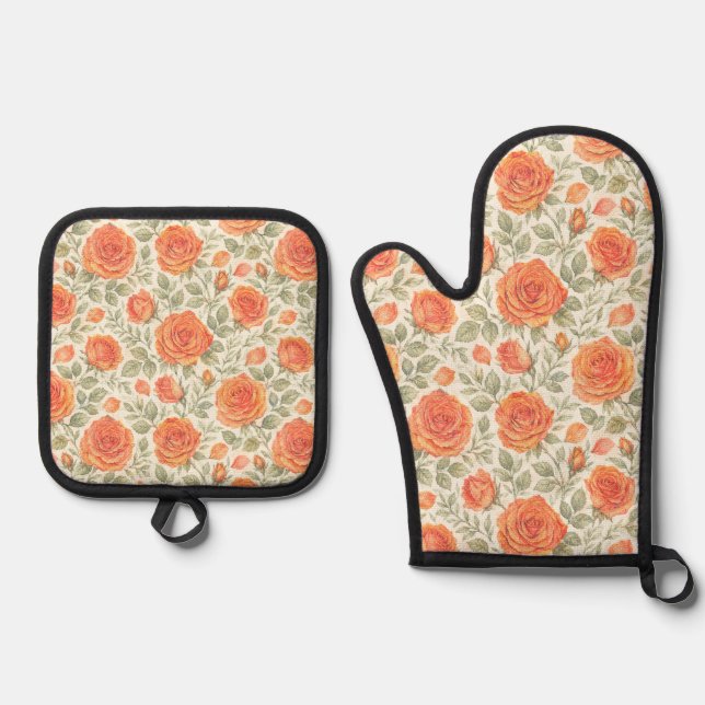 Coral Rose & Sage Garden Pattern Oven Mitt & Pot Holder Set (Front)