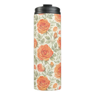 Coral Rose & Sage Garden Pattern Thermal Tumbler