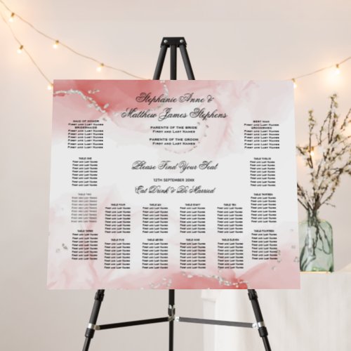 Coral Rose Silver Wedding 14 Table Seating Chart Foam Board