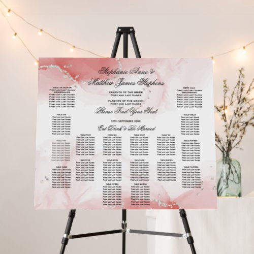 Coral Rose Silver Wedding 16 Table Seating Chart  Foam Board