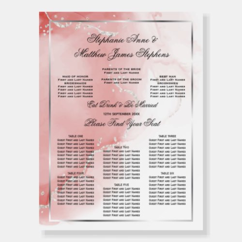 Coral Rose Silver Wedding 6 Table Seating Chart  Foam Board