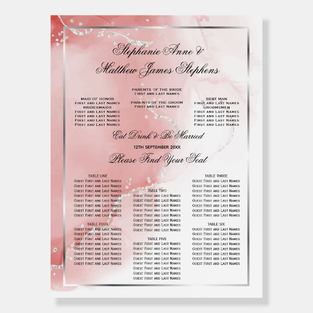 Coral Rose Silver Wedding 6 Table Seating Chart  Foam Board (Front)