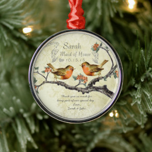Coral Rose Vintage Bird Maid of Honor Ornaments