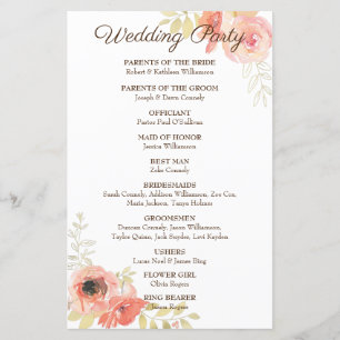 Coral Rose Wedding Itinerary Program Paper Sheet