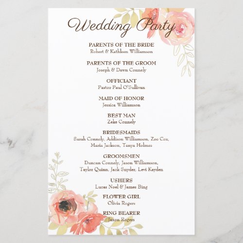 Coral Rose Wedding Itinerary Program Paper Sheet