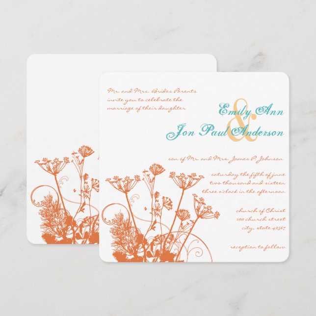 Coral Rose Wild Flowers Wedding Invitations (Front/Back)