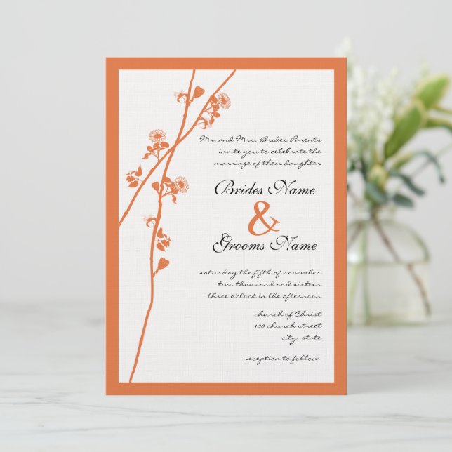 Coral Rose Wildflower Branch Wedding Invites (Standing Front)