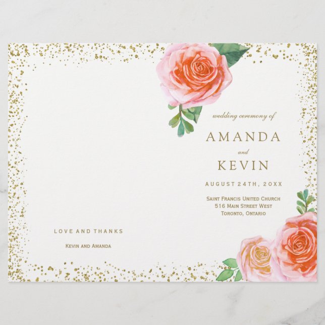 Coral Roses and Gold Glitter Wedding Programs (Front)