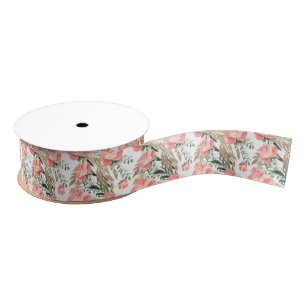 Coral Roses and Leaves Watercolor Ribbon